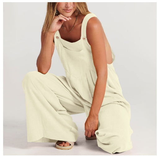 Sling Solid Color High-Waist Pocket Trousers Jumpsuit