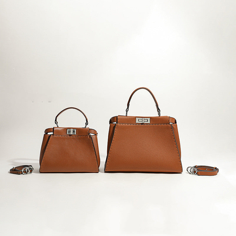 Cowhide Lychee Pattern Handbag with Metal Lock - Black, Caramel, Green, Gray, S & L Sizes