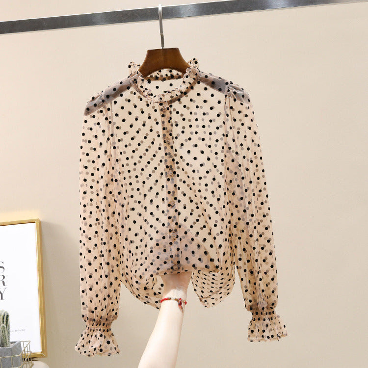 Women's Milk Tea Polka Dot Mesh Long Sleeve Shirt