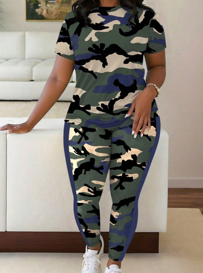 Ensemble T-shirt col rond imprimé et Legging Femme - Extensible, S-2XL