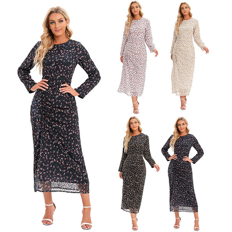 Robe longue trapèze imprimée beige pour femme en fibre de polyester