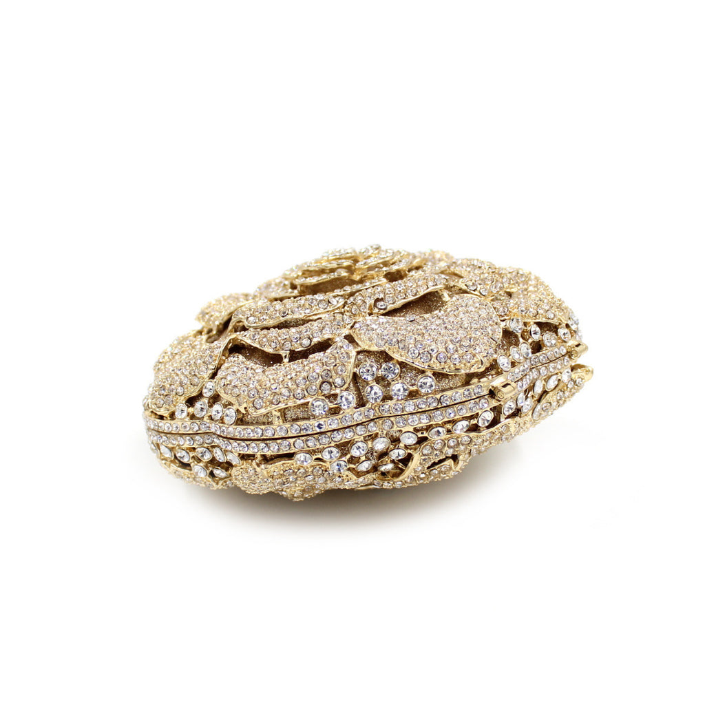 Pochette de soirée dorée pour femme avec strass et motif ajouré