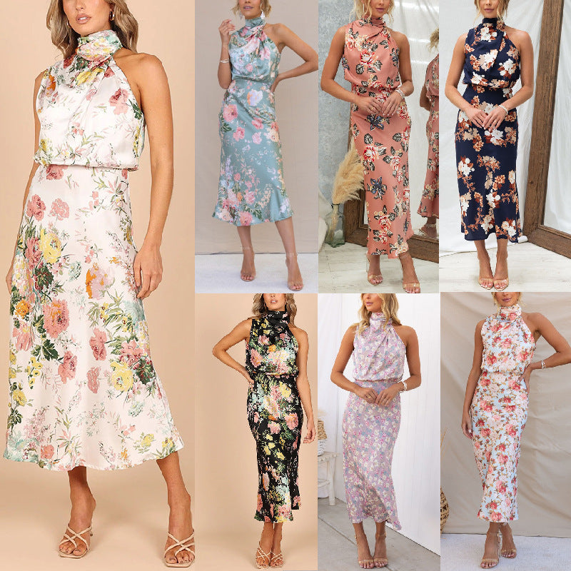Robe en satin sans manches à taille haute et col licou avec imprimé floral pour femme