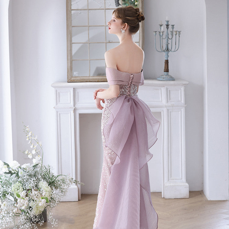 Women's Pink Polyester One-Shoulder Evening Dress