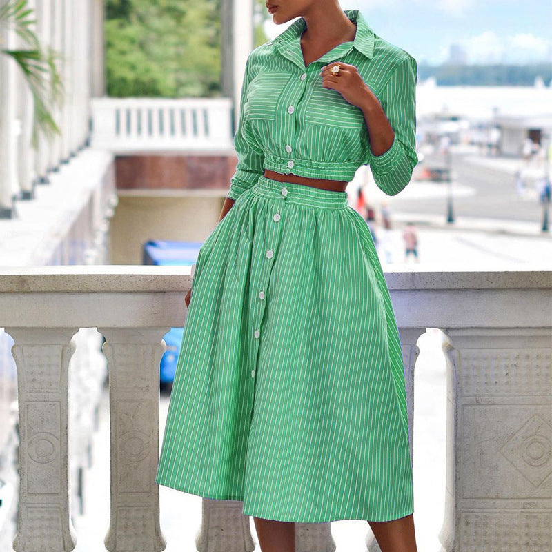 Printed Button Pocket Blouse & Mid-Length Skirt Suit with Stand Collar