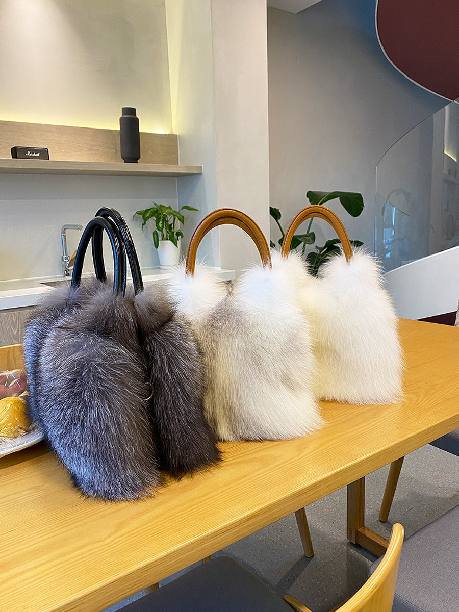 Sac à main et à bandoulière en fourrure de renard pour femme 30 cm x 23 cm