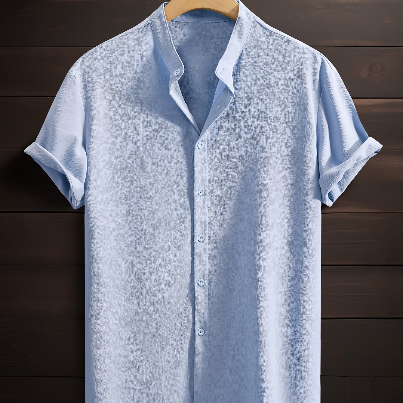 Men's Casual Breathable Polyester Short Sleeve Stand Collar Shirt