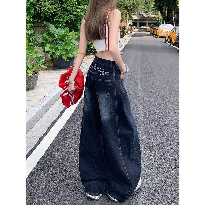 Women's High Waist Dark Blue Wide Leg Denim Jeans