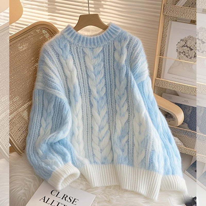 Blue Soft Glutinous Cable-Knit Pullover Sweater, Loose Fit, Long Sleeve, Polyester, Blue, S-XL