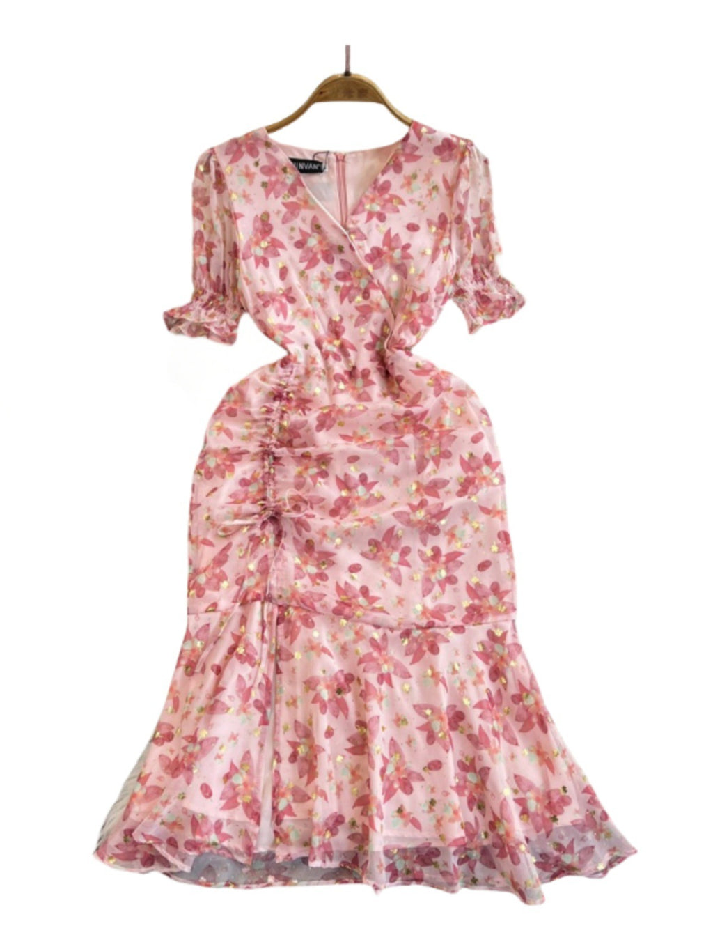 Pink Small Floral Chiffon Slim Fishtail Dress with Princess Sleeves