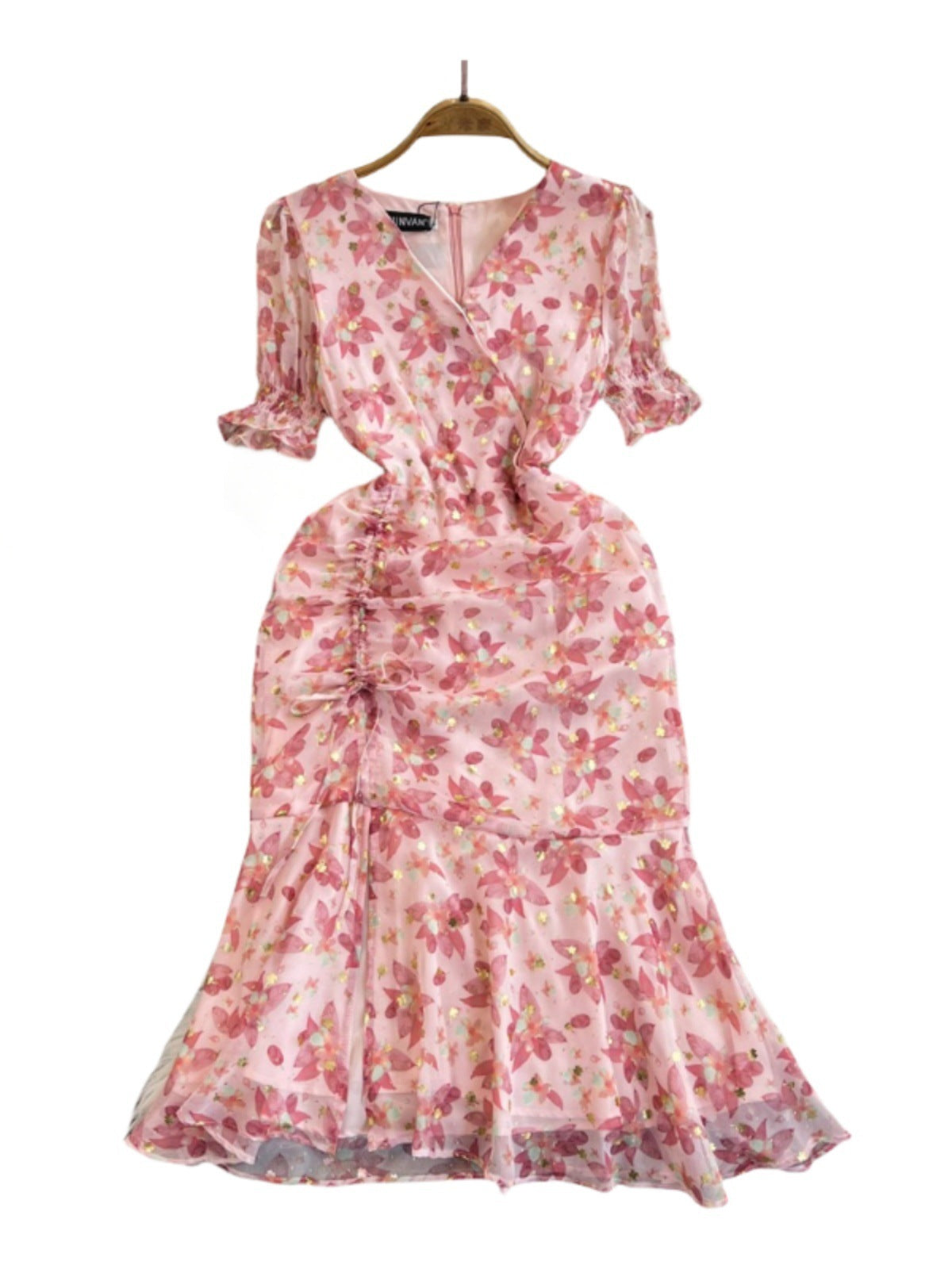 Pink Small Floral Chiffon Slim Fishtail Dress with Princess Sleeves