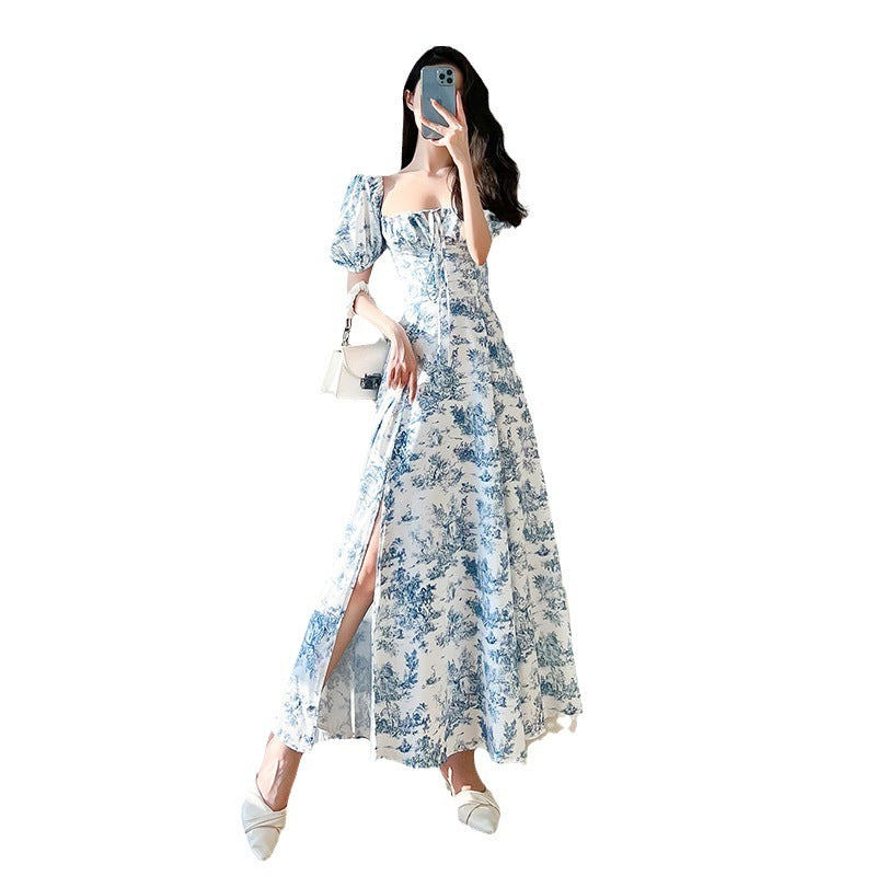 Vintage Floral Square Collar Puff Sleeve Dress in Sky Blue