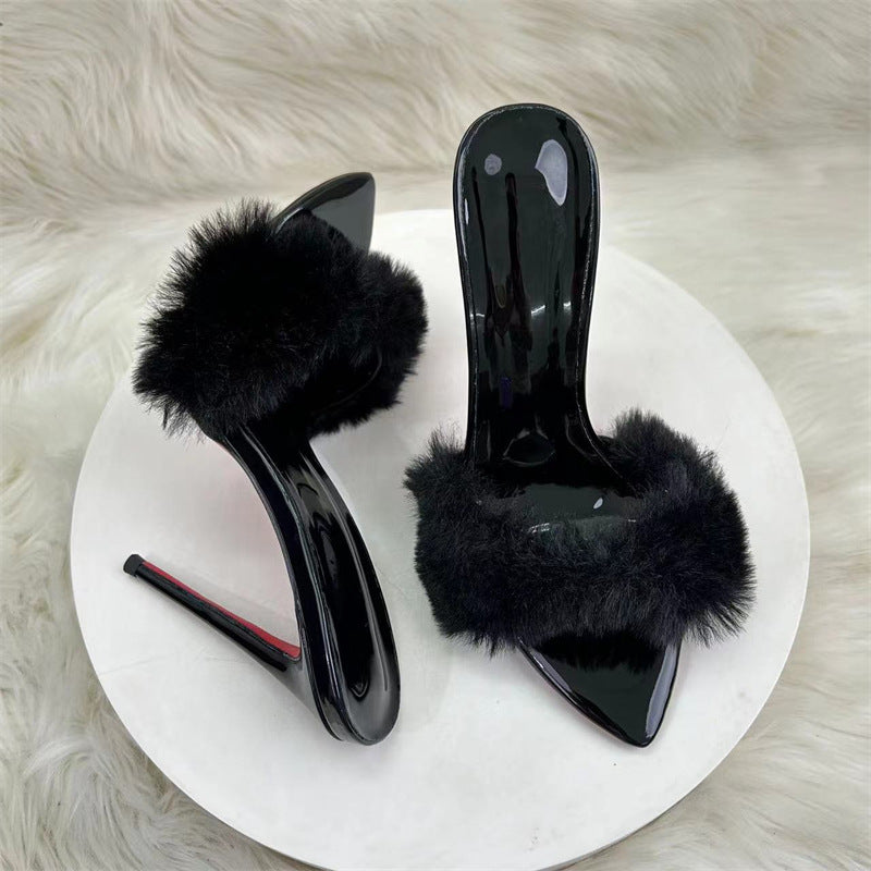 12cm Black PU Pointed Toe Stiletto High Heels Open Toe