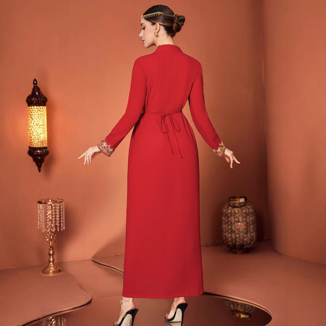 Arab Court Hongjin Embroidered V-neck Fake Two-piece Long Skirt