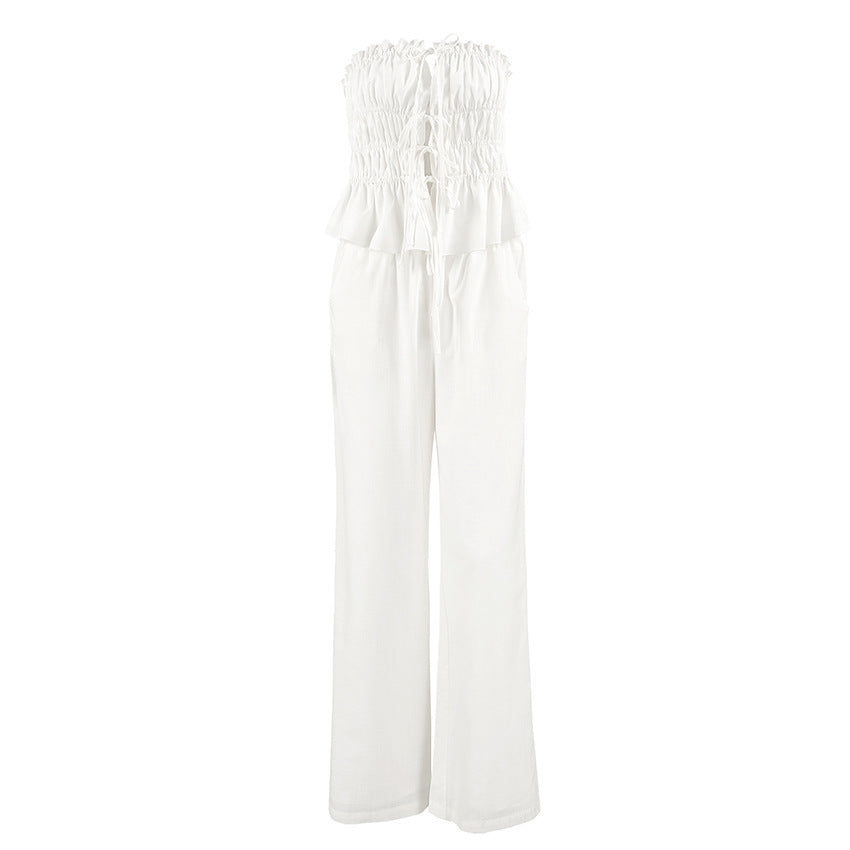 Ensemble Haut Tube & Pantalon Large à Lacets en Coton et Lin Blanc