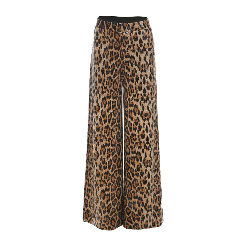 Leopard Print Sequined High Waist Straight Slim Fit Trousers