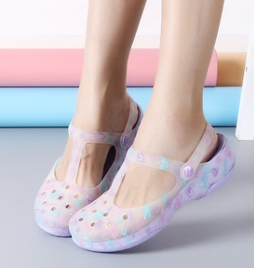 Sandales d'été imprimées en gelée pour femmes, chaussures de plage à trous