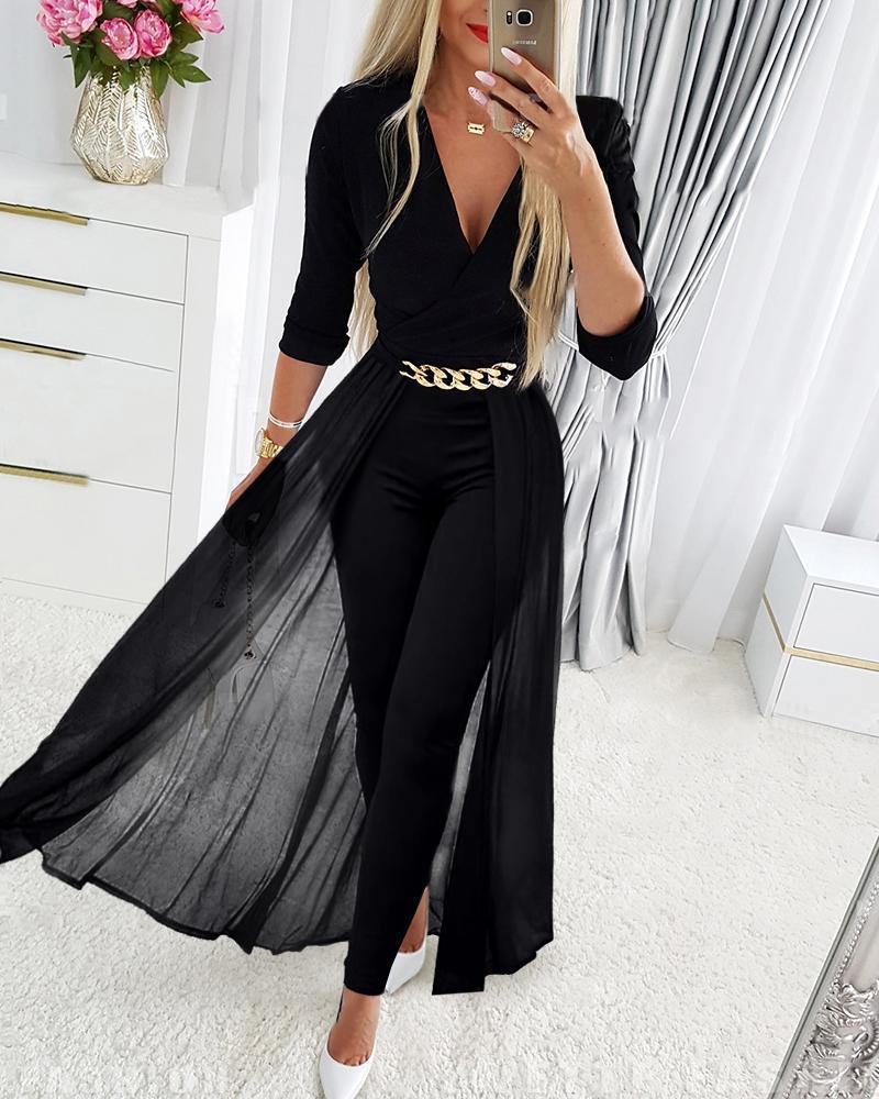 Women's Black Mesh Patchwork V-Neck Jumpsuit