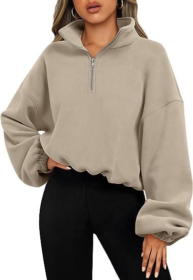 Women’s Loose Sport Pullover Hoodie Winter Zipper Stand Collar Thick Warm Sweatshirt Solid Color