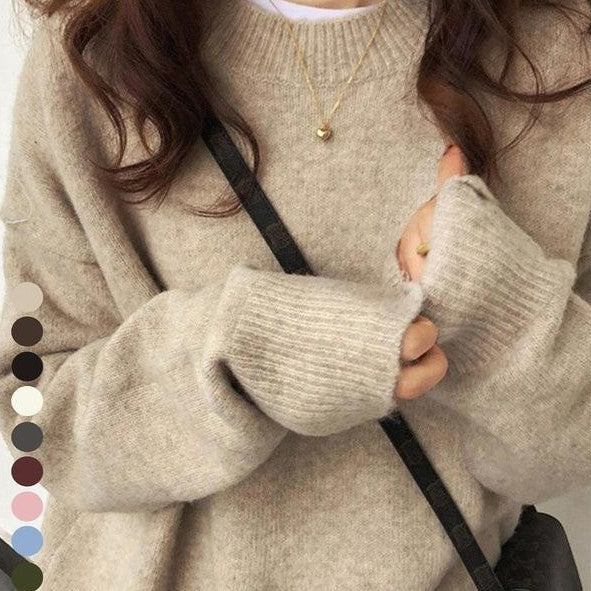 كنزة صوفية نسائية سميكة ناعمة بياقة دائرية