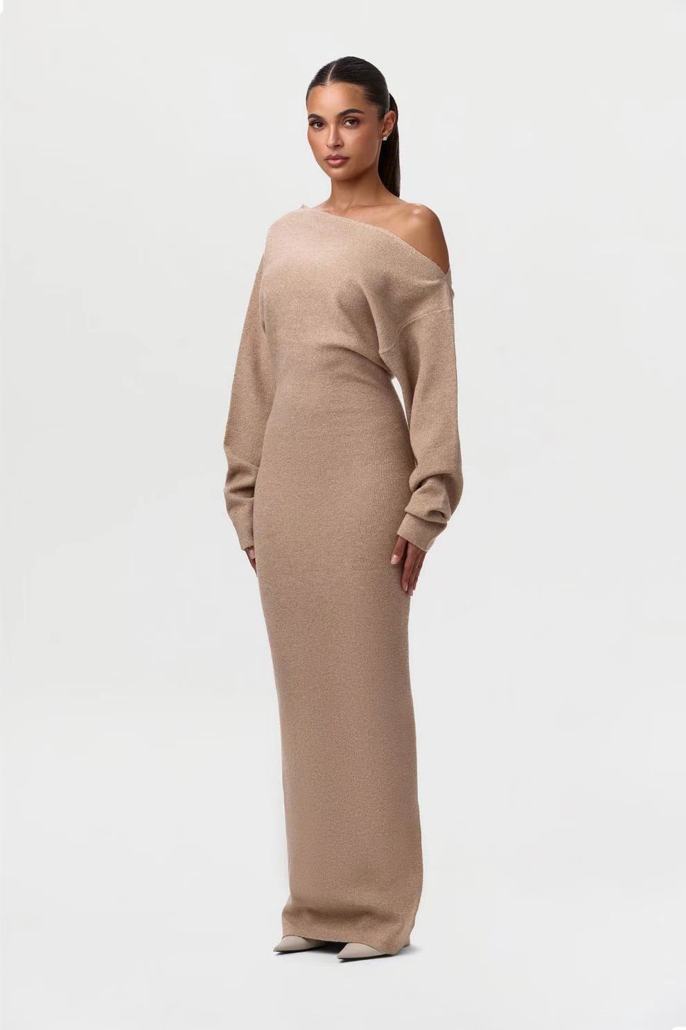 Robe de soirée moulante en maille tricotée à manches longues et col bardot