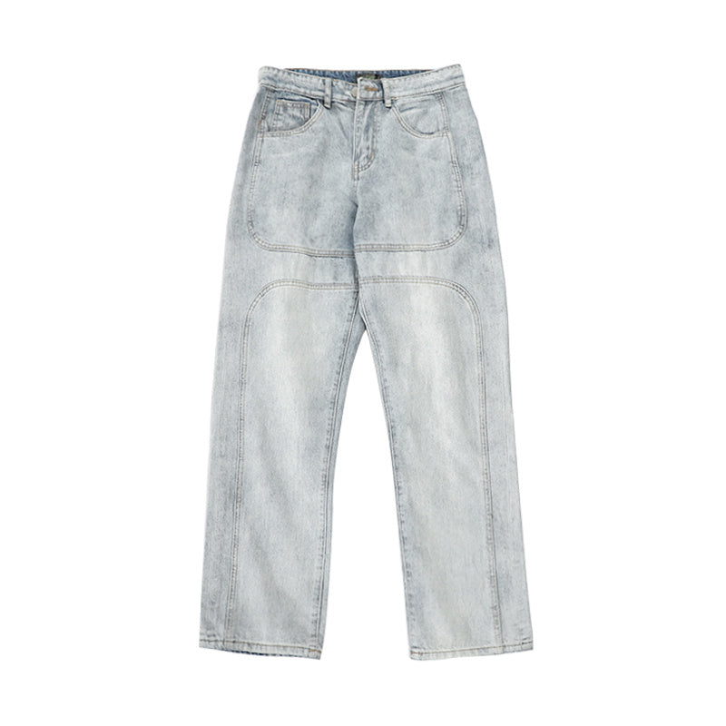 3D Washed Blue Denim High Waist Straight Jeans Trousers