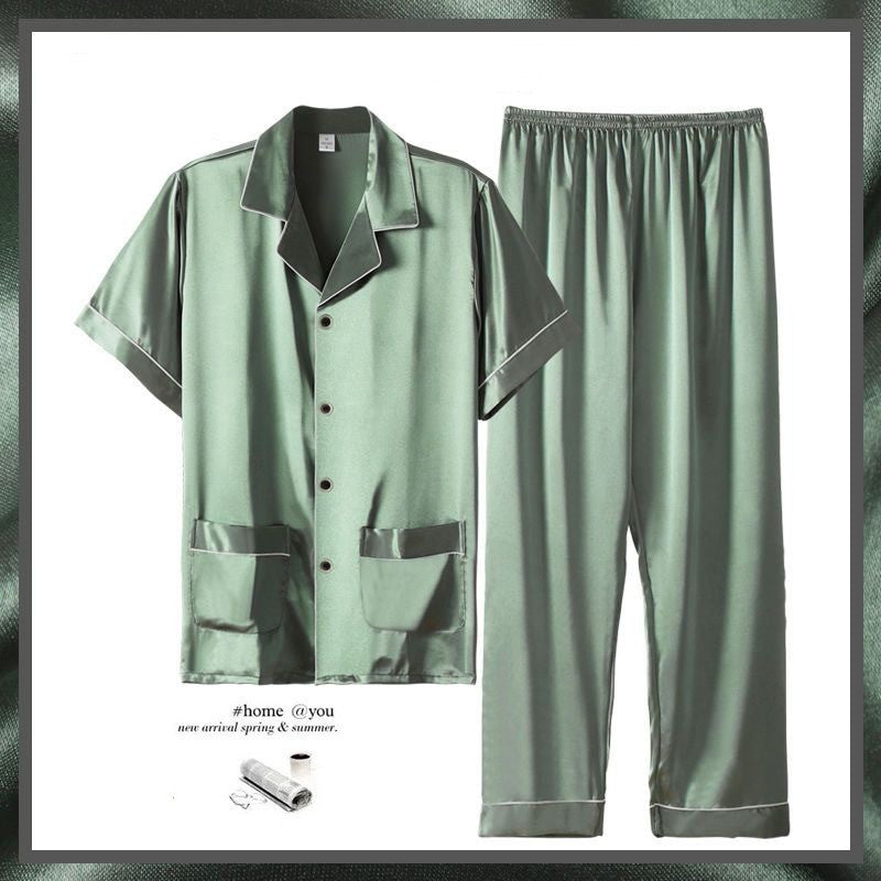 Men's Summer Thin Ice Silk Short Sleeve Homewear Suit with Trousers