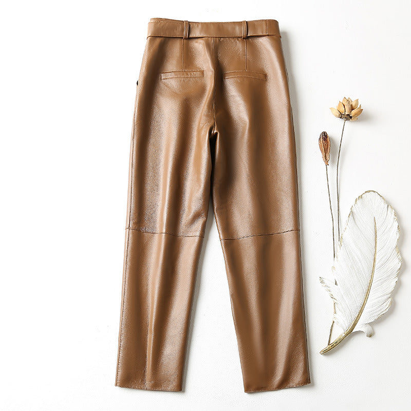 High-Waisted Genuine Sheepskin Leather Straight Pants with Belt