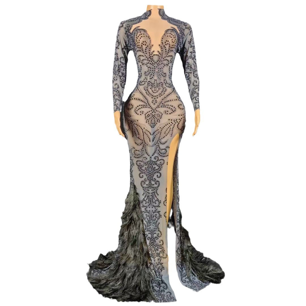 Women's Beaded Feather Long Tight Jumpsuit Dress
