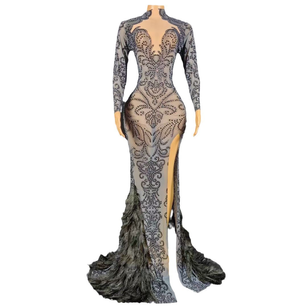 Women's Beaded Feather Long Tight Jumpsuit Dress