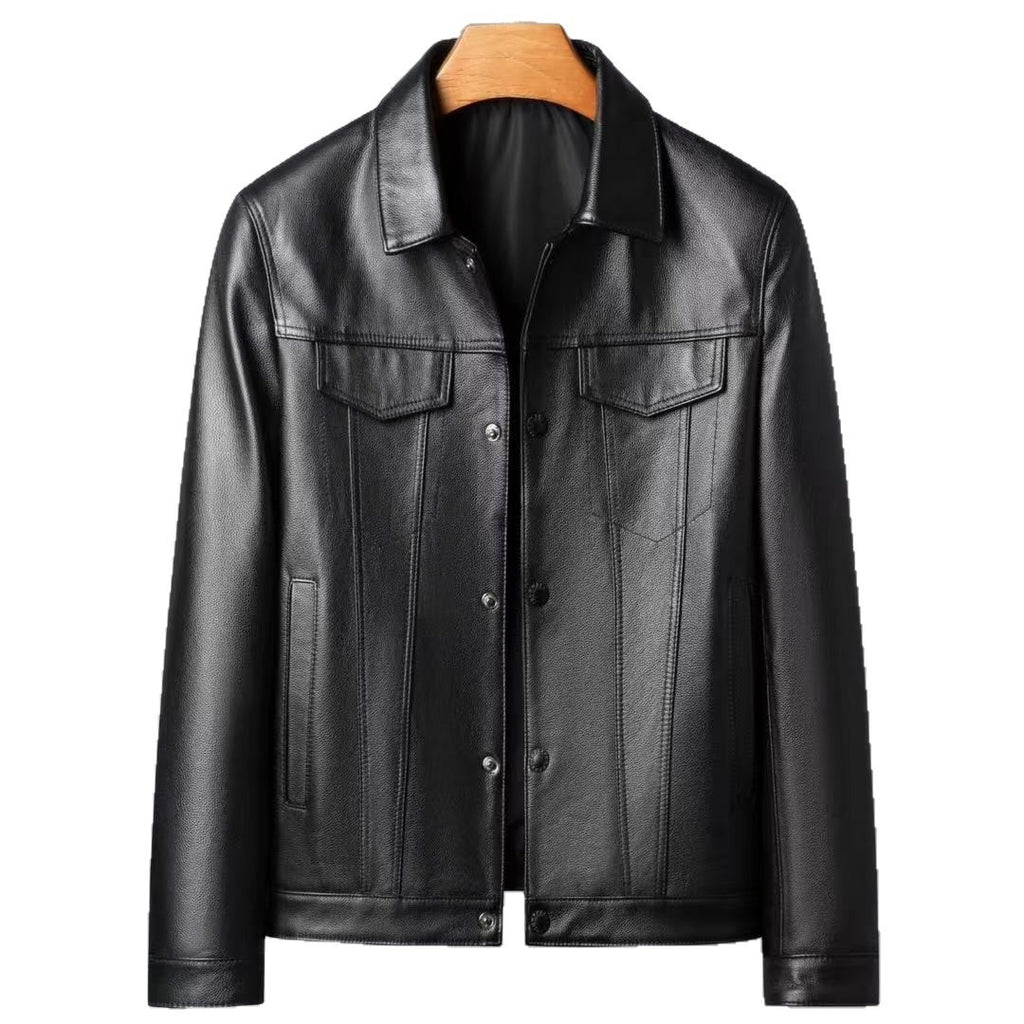 Men's Cowhide Leather Polo Collar Jacket Spring Autumn