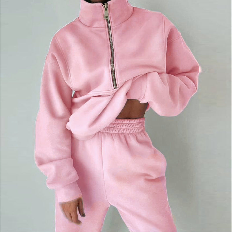 Women's Zipper Fleece Sweater and Pants Set - Casual Sportswear