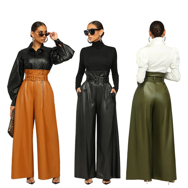 High Waist PU Leather Pants Metal Belt Wide Leg Trousers