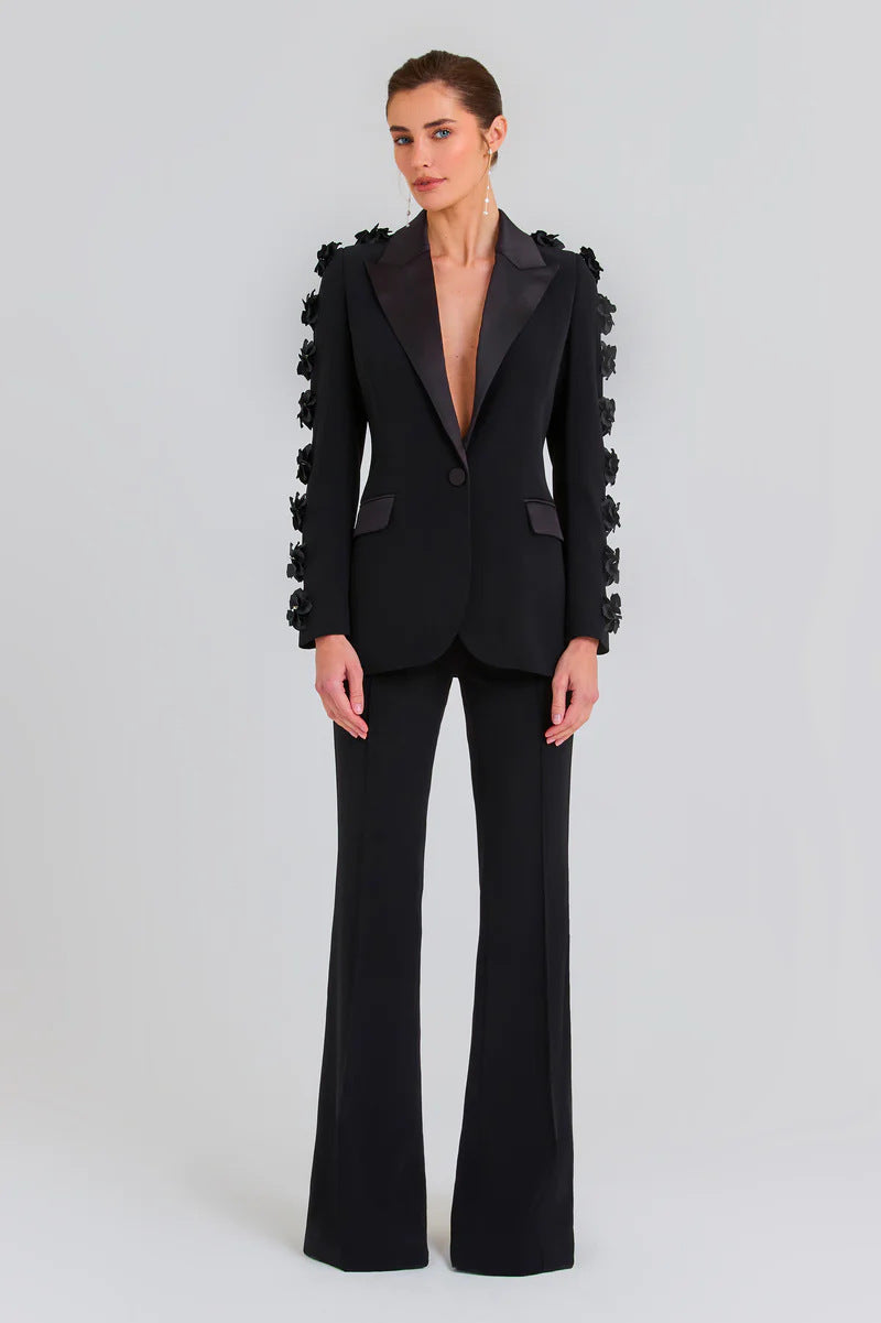 Élégante robe-tailleur deux pièces à manches longues et motifs floraux pour femme, en polyester noir