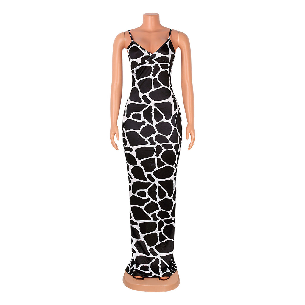 V-Neck Printed Women's Dress Mid Waist Polyester
