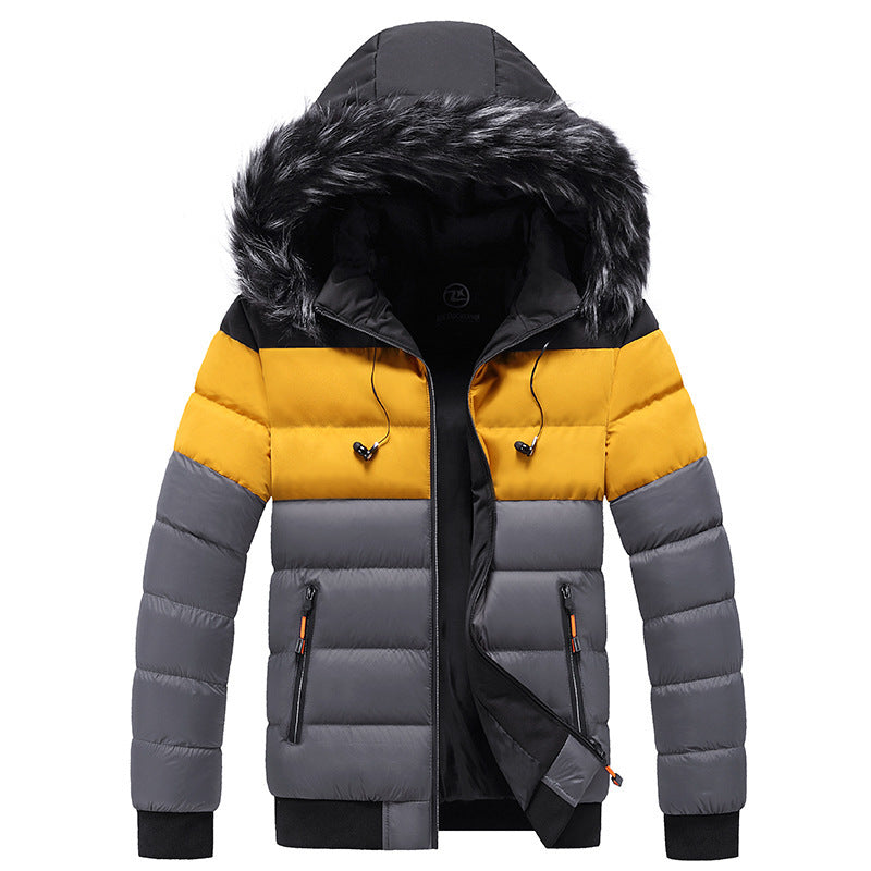 Splicing Hooded Thickened Cotton Down Jacket with Zipper