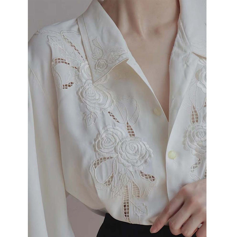 White Embroidered Hollow Out Shirt for Women