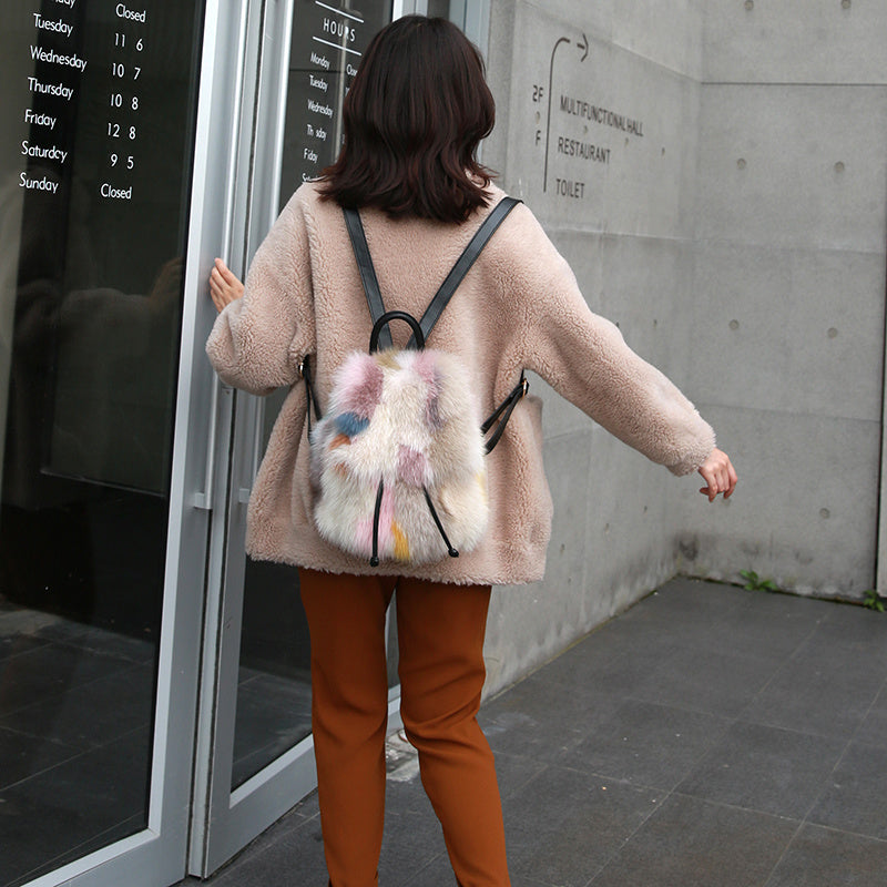 Petit sac à dos décontracté tendance en vraie fourrure de renard pour femmes