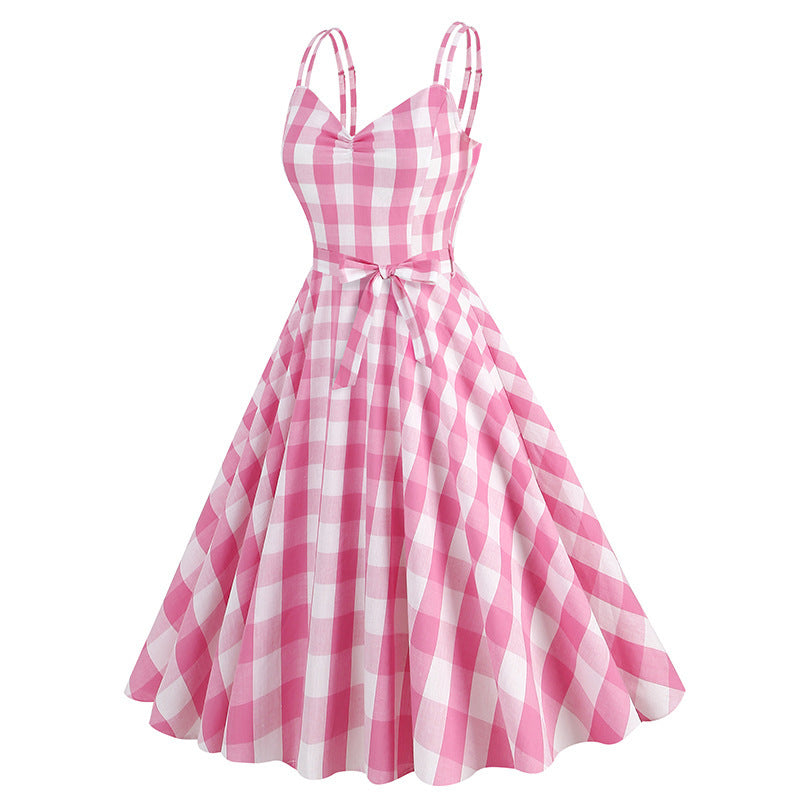 Hepburn Style British Lattice Vintage Pink Mid Waist Dress