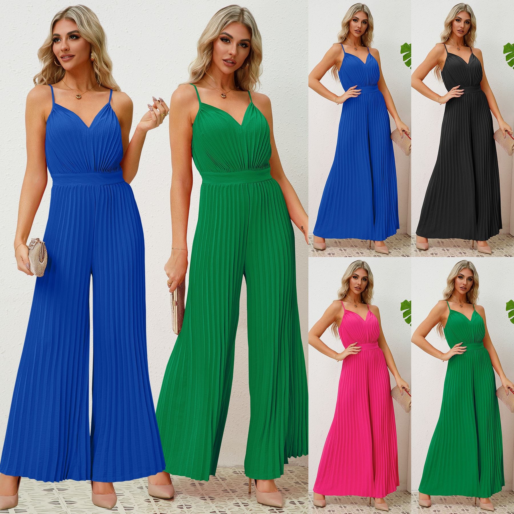 V-Neck Suspender Pleated Jumpsuit with Solid Color Loose Straight Pants for Women