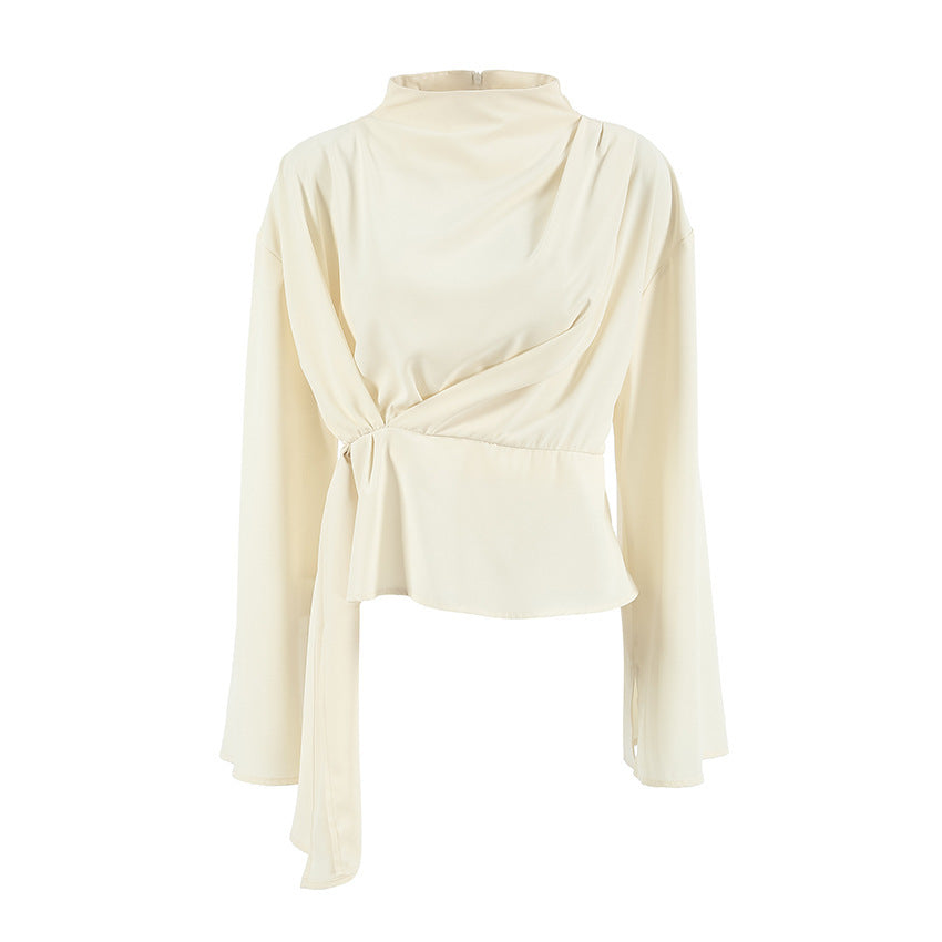 Apricot Chiffon Small Stand Collar Bell Sleeve Pleated Split Shirt