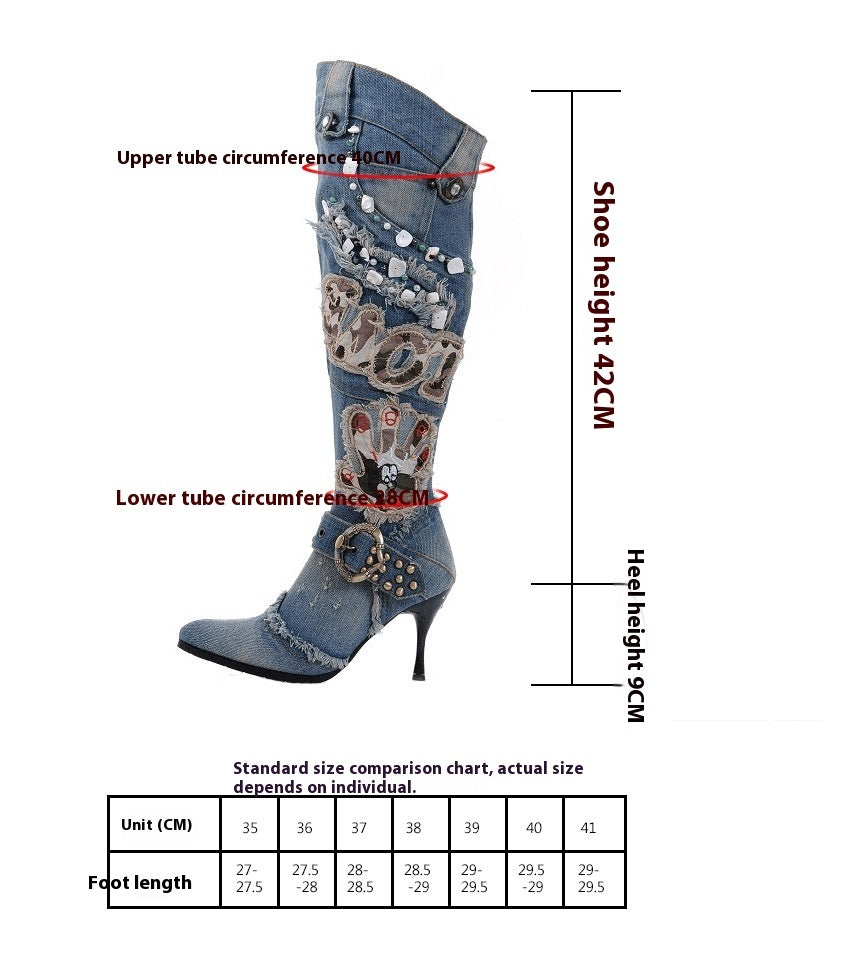 Bottes cuissardes en jean délavé à talons aiguilles pour femme