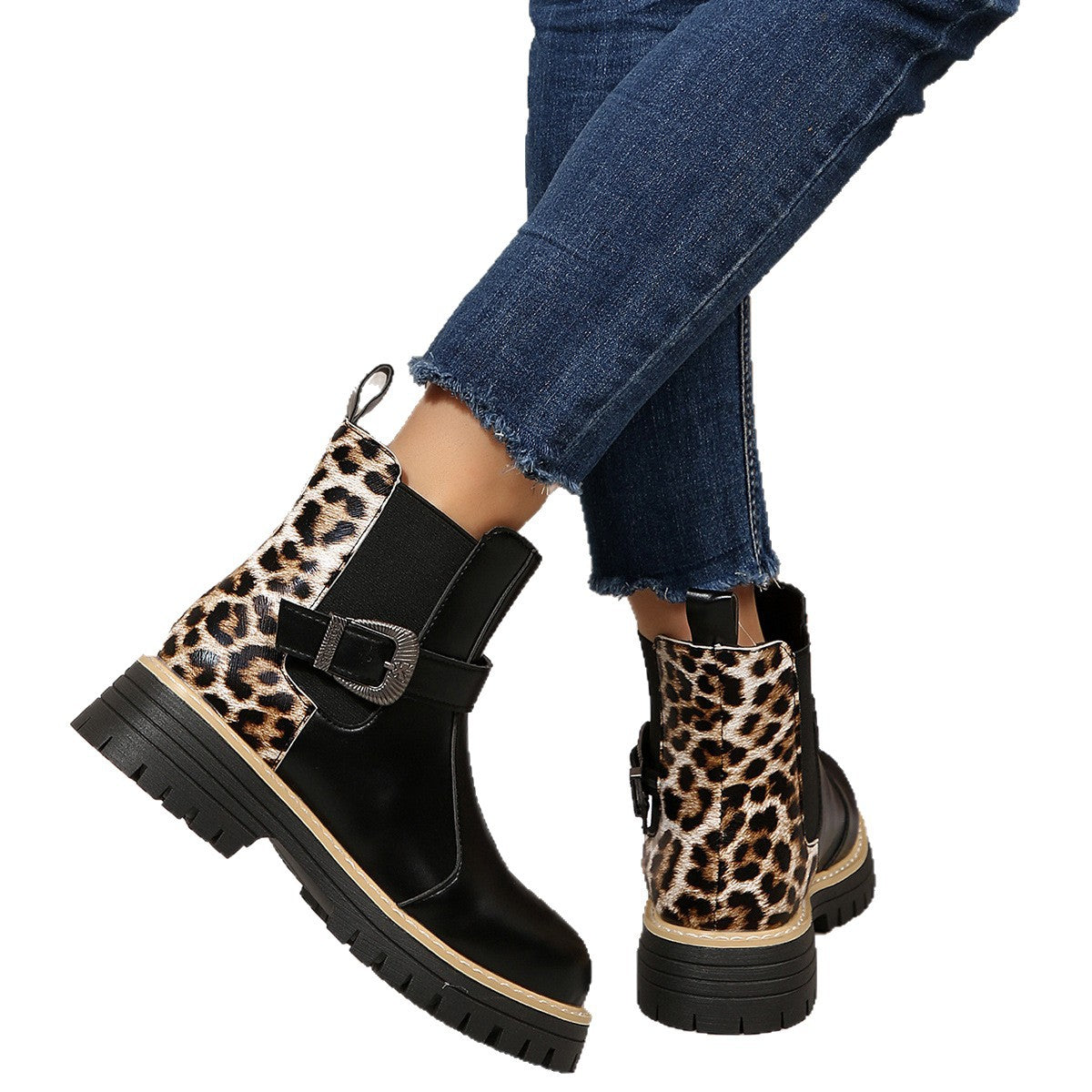 Bottines mi-hautes léopard grande taille à talon mi-haut et boucle métallique