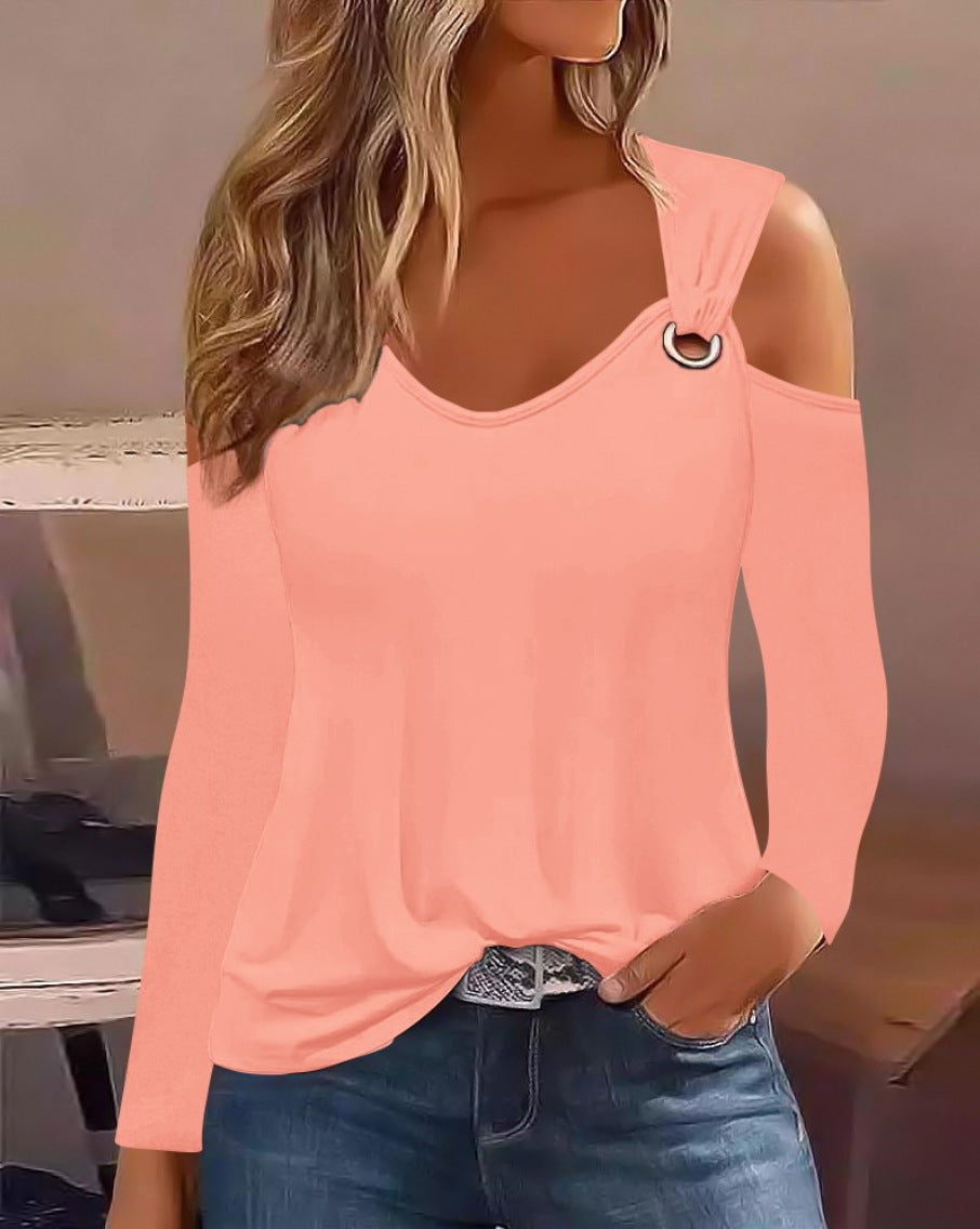 Simple Metal Buckle V-Neck Long Sleeve Shirt Polyester