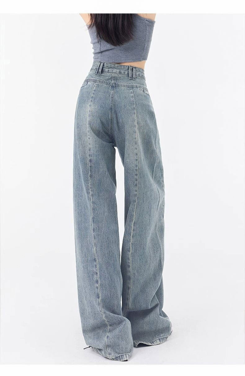 High Waist Pleated Wide Leg Loose Cotton Denim Jeans for Women