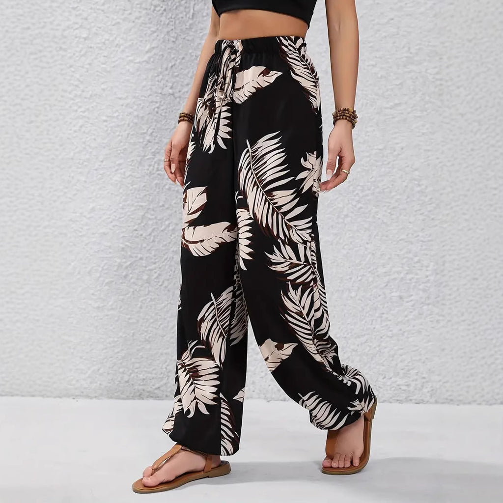 Leaf Pattern Waist Thin Belt Casual Black Polyester Trousers