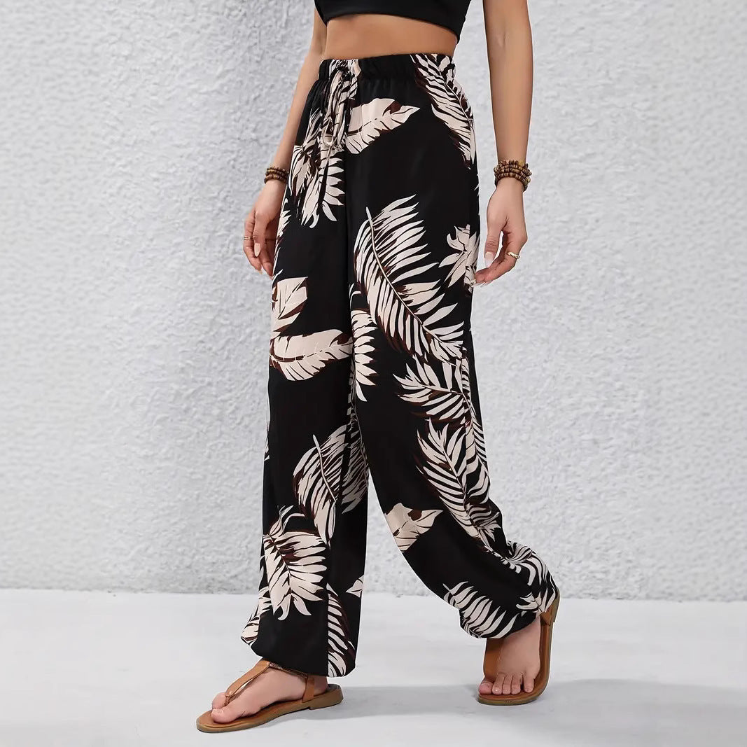 Leaf Pattern Waist Thin Belt Casual Black Polyester Trousers