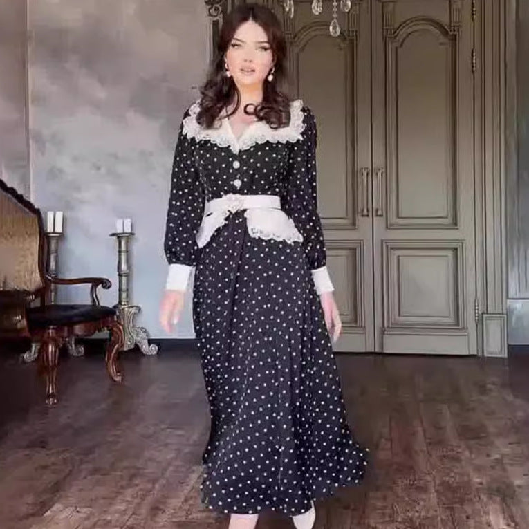 Polka Dot Lace Doll Collar Long Dress with Lantern Sleeves