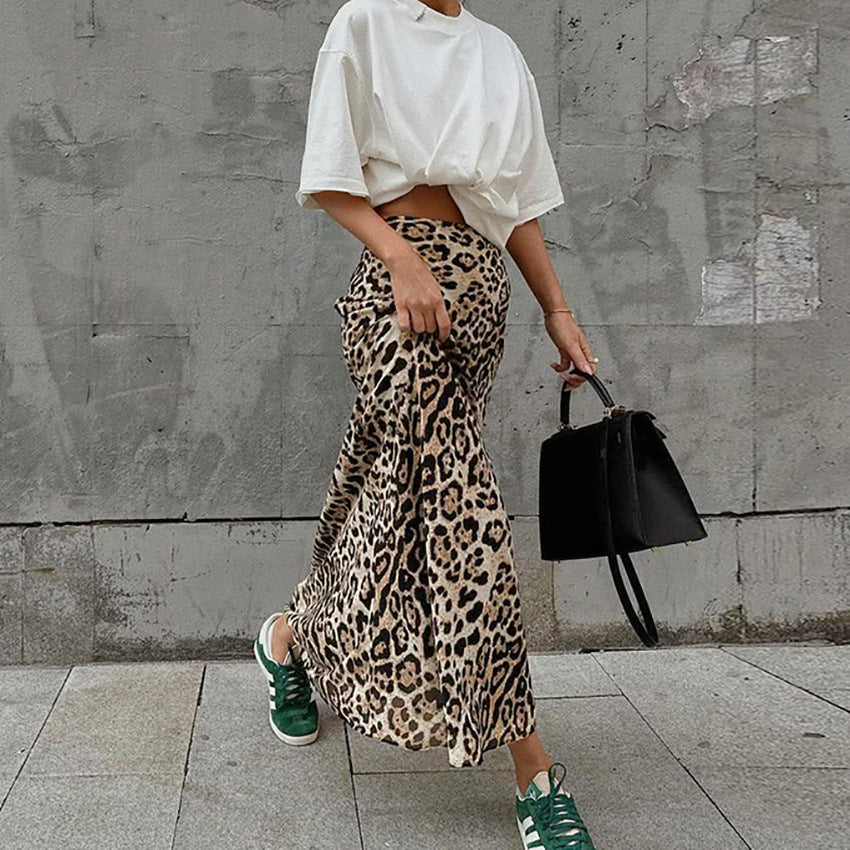 Brown Leopard Print Polyester A-Line Long Skirt European American Street Style