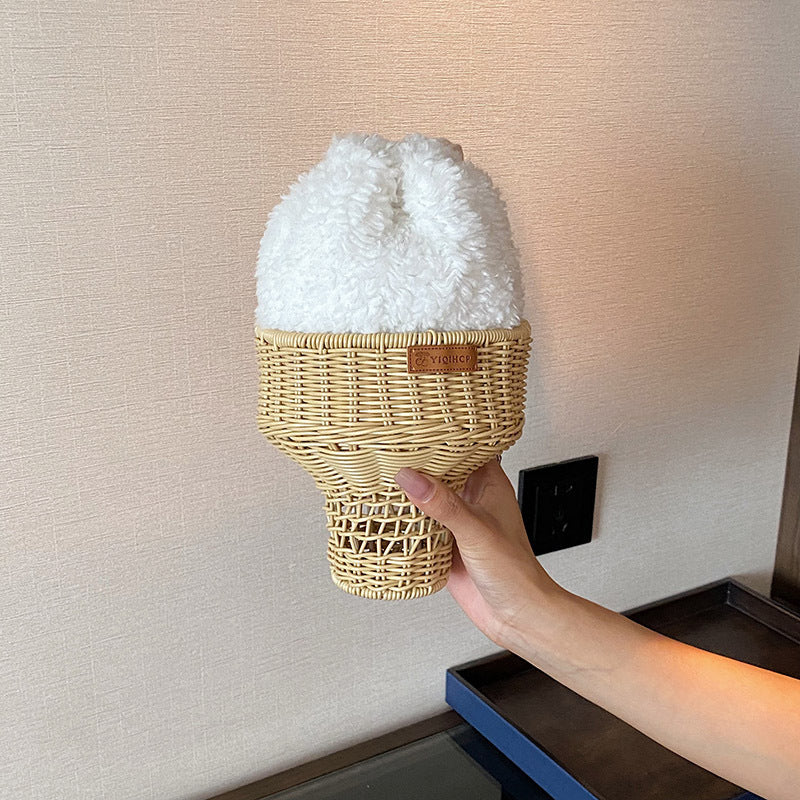 Sac cylindrique en paille et rotin tressé avec cordon de serrage – Hauteur 29 cm